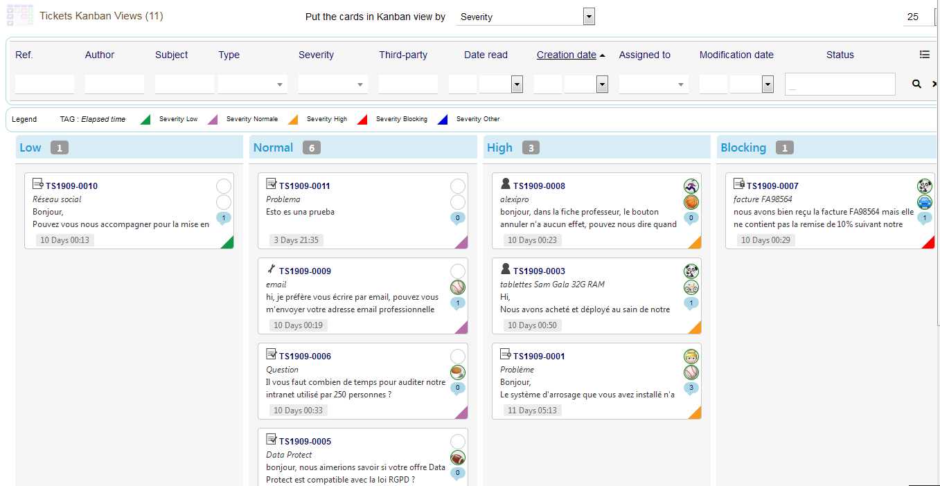 KanTickets - Severity Kanban view